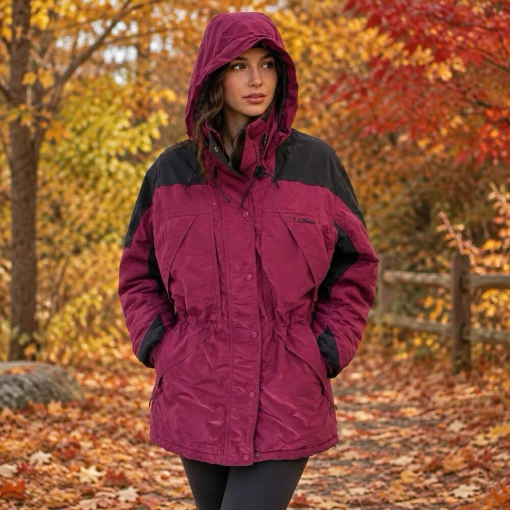 L.L.Bean Vintage Nylon Hooded Jacket Outdoor Coat Full Zip Snap Winter Womens L